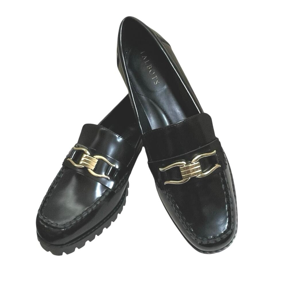Talbots Gianna Leather Loafers Gold Accents Size 8M Chunky Lug Sole Preppy - Picture 3 of 12